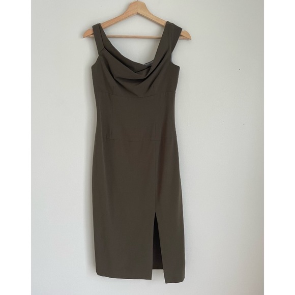 Black Halo -Classic Rolled-Neck Sheath Dress in Washed Olive - Picture 2 of 8